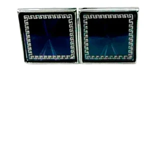 Gemelli da camicia blu quadrati con profilo zirconi e base in acciaio silver