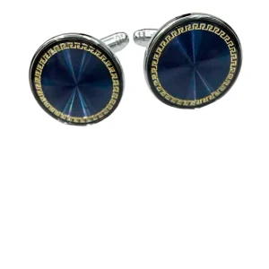 Gemelli da camicia blu tondi con profilo zirconi dorati e base in acciaio silver