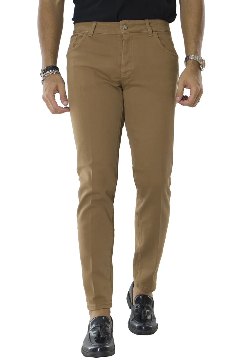 Jeans uomo cammello tinta unita modello 5 tasche slim fit made in italy - immagine 2