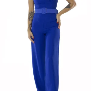 Tuta donna taglio smoking con rever lucido giromanica e cintura in vita pantalone palazzo