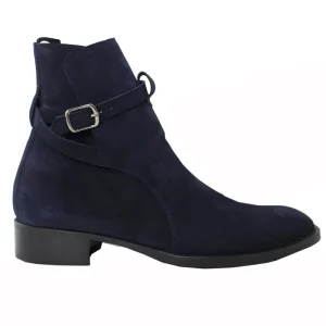 Stivaletti uomo blu in camoscio con fibbia e cerniera laterale suola in cuoio made in italy