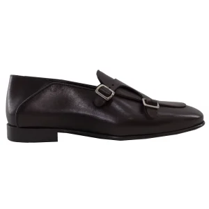 Mocassini uomo bordeaux in vera pelle con doppia fibbia e suola in cuoio made in italy