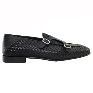Mocassini uomo neri in vera pelle intrecciata con doppia fibbia e suola in cuoio made in italy