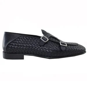 Mocassini uomo blu in vera pelle intrecciata con doppia fibbia e suola in cuoio made in italy