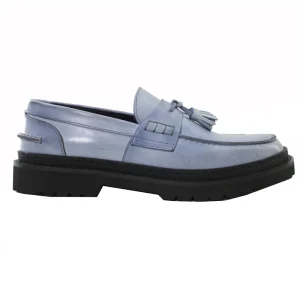 Mocassini uomo celesti in vera pelle con nappine suola a carrarmato alta made in italy