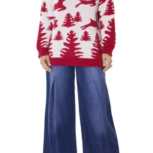 Maglione donna natalizio in lana con motivo renne di babbo natale girocollo oversize