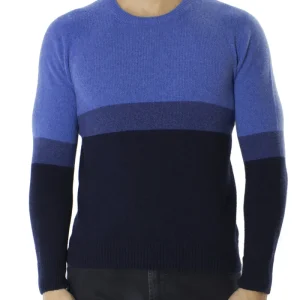 Maglione uomo Girocollo bluette in lana merinos a fasce multicolor slim fit made in italy