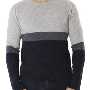 Maglione uomo Girocollo grigio chiaro in lana merinos a fasce multicolor slim fit made in italy