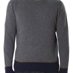 Maglione uomo Girocollo grigio in lana con righe sul fondo slim fit made in italy