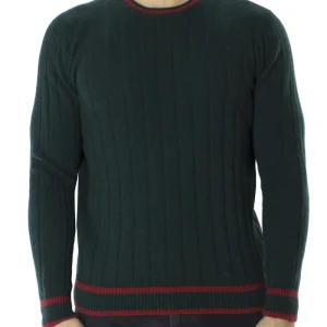 Maglione uomo Girocollo verde a coste in lana merinos con bordini rossi slim fit made in italy