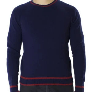 Maglione uomo Girocollo blu in lana merinos con bordini rossi slim fit made in italy