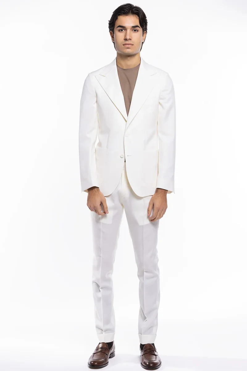 Abito uomo monopetto bianca in fresco lana super 130’s Bristol Tessuti Napoli con rever a lancia largo tasche a filo - immagine 2