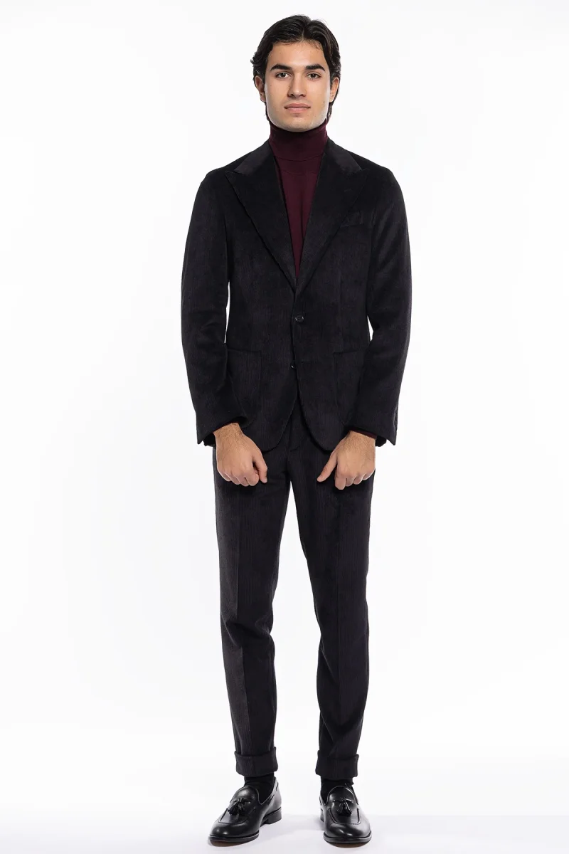 Abito uomo monopetto nera in velluto a costine strette Rever a lancia tasche a toppe - immagine 3