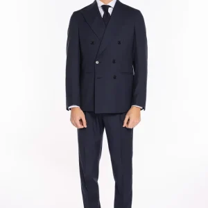 Abito uomo doppiopetto blu pied de poule in fresco lana super 120’s Holland & Sherry rever a lancia larga