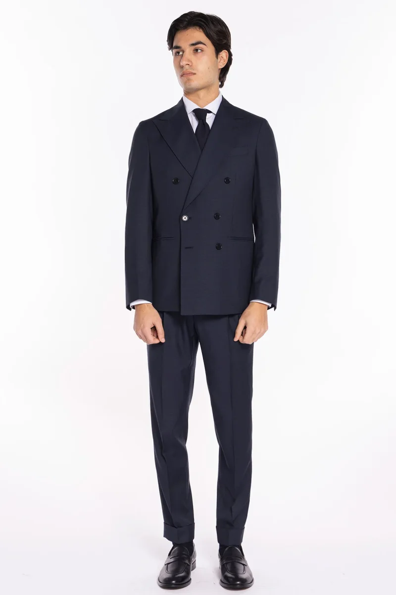 Abito uomo doppiopetto blu pied de poule in fresco lana super 120’s Holland & Sherry rever a lancia larga