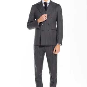 Abito uomo doppiopetto grigia gessata con riga celeste fresco lana super 130’s Bristol Tessuti Napoli rever a lancia