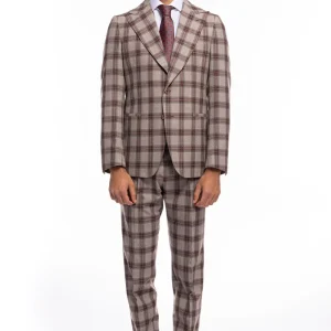 Abito uomo monopetto beige a quadri bordeaux lana e seta Vitale Barberis Canonico Rever largo a lancia