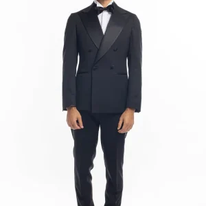 Abito smoking doppiopetto nera da uomo in fresco lana super 130’s Vitale Barberis Canonico con rever a Lancia largo in raso