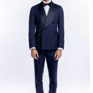 Abito smoking Doppiopetto blu da uomo in fresco lana super 130’s Vitale Barberis Canonico con rever a scialle largo in raso