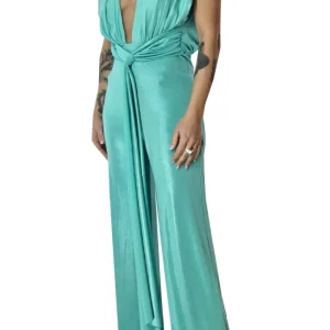 Tuta donna giromanica con scollo profondo e spalline  nodo sul davanti chiusura zip retro