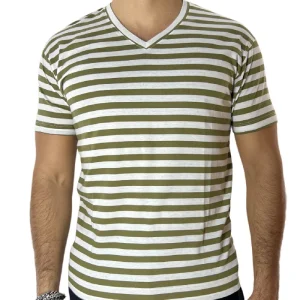 T-shirt scollo a v da uomo verde rigata mezze maniche slim fit made in italy