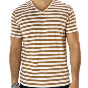 T-shirt scollo a v da uomo coccio rigata mezze maniche slim fit made in italy