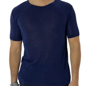 T-shirt uomo Blu in viscosa mezze maniche scollo largo made in italy