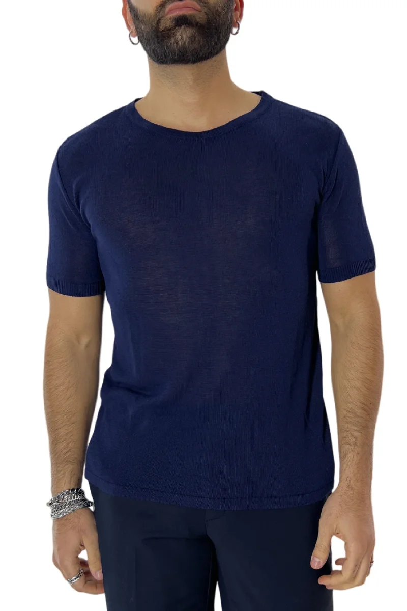 T-shirt uomo Blu in viscosa mezze maniche scollo largo made in italy - immagine 2