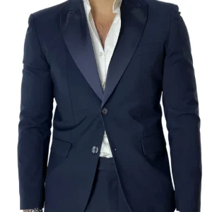 Giacca uomo Smoking blu monopetto rever a lancia in raso sartoriale made in italy