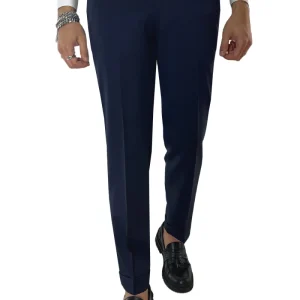 Pantalone uomo Blu Navy vita alta tasca america in fresco lana 100% Vitale Barberis Canonico fibbie laterali e risvolto 4cm
