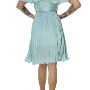 Abito donna corto monospalla con balze tessuto effetto metal chiusura cerniera lato