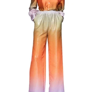 Pantaloni donna in satin gamba palazzo full lenght tie dye tessuto con paillettes elastico in vita