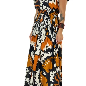 Gonna donna lunga in cotone popeline con elastico in vita con pieghe stampa  integrale