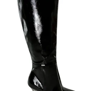 Stivale donna in vernice nera a cilindro con tacco svasato trasparente e cerniera a lato