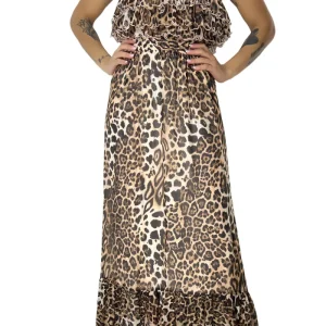 Top donna corto in tulle con balze bretella sottile elastica stampa animalier