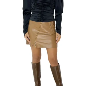 Blouse donna in raso lucido maniche lunghe con scollo a V drappeggiata manica a sbuffo