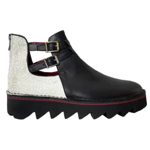 Scarpe donna modello stivaletto in pelle bicolore con retro glitterato e suola in gomma