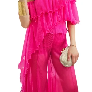 Top donna crop ampio con grandi rouches e volant cut out spalla scoperta asimmetrico