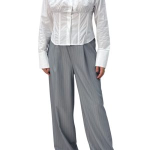 Camicia donna in cotone effetto bustier steccato con colletto e cravatta ricamo