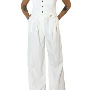 Gilet donna in cotone denim rigato tono su tono con bottoni oro e logo metallico