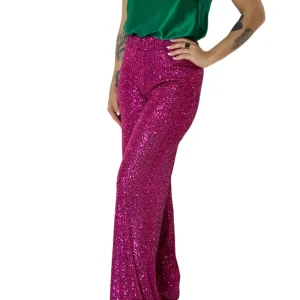 Pantalone donna vita alta bustino elastico in micro pailettes gamba amia a zampa