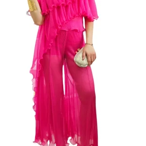 Pantalone donna palazzo tessuto plissettato semitrasparente con coulotte elastico in vita