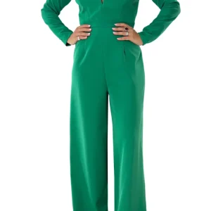 Tuta donna palazzo con spallina a punta maniche lunghe e scollo a V profondo zip retro