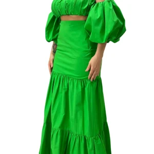 Gonna donna vita alta in cotone lunga con balze zip a scomparsa a lato