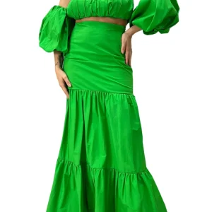 Top donna crop in cotone popeline scollo bardot manica palloncino arricciata elastica