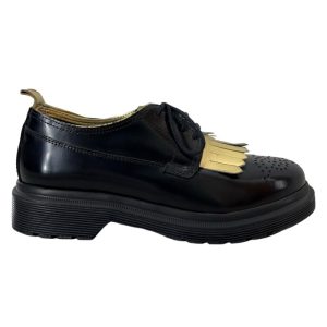 Scarpe donna basse in pelle modello stringate con frangia oro e suola in gomma