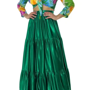 Top donna corto in cotone lino con spallina a sbuffo manica lunga scollo a V e chiusura nodo