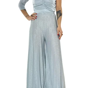 Tuta donna in jersey lurex monospalla fascia elastica che segna il punto vita e pantalone plissettato