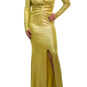 Abito donna lungo in tessuto spalmato manica lunga con spallina e scollo a V avanti retro e drappeggio