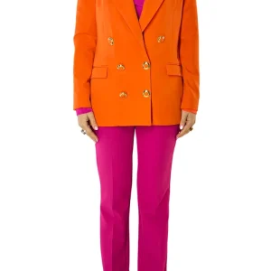 Giacca donna oversize con spalline abbottonatura doppiopetto bottoni oro e spilla piuma